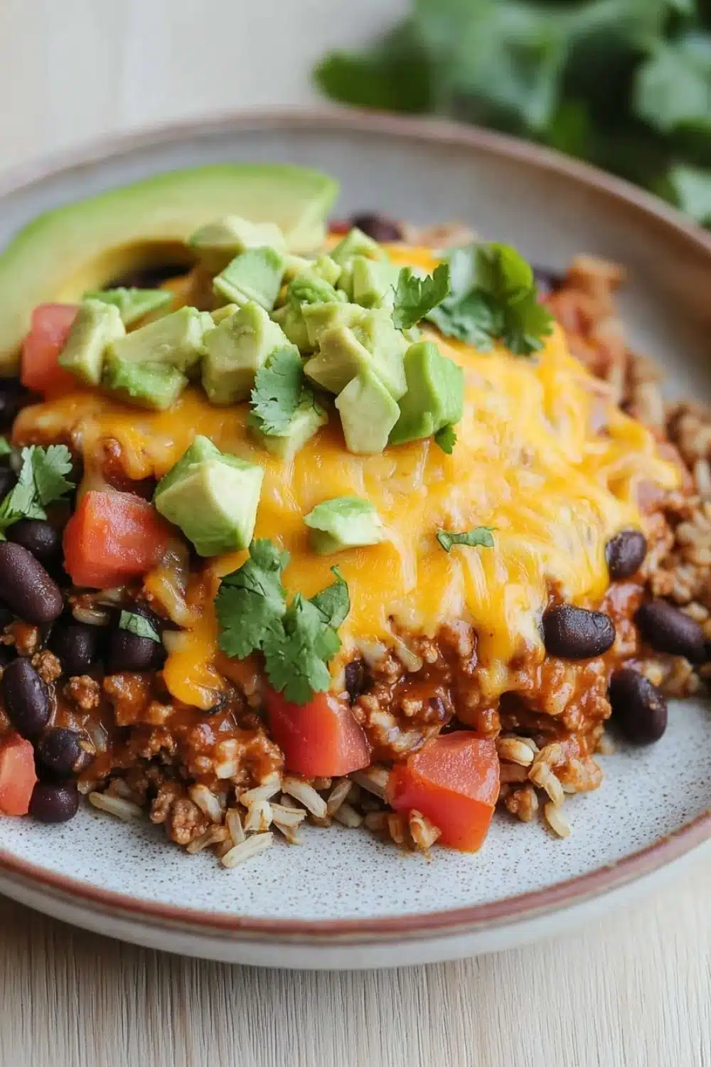 High protein beef enchilada bowls - the image is a close-up of a plate of food. the plate is white with a blue rim and is placed on a wooden table. the food appears to be a dish made with ground beef, black beans, and rice. on top of the beef, there is a layer of melted cheese and sliced avocado. there are also some fresh cilantro scattered around the plate. the background is blurred, but it seems like the plate is in a kitchen or dining area.