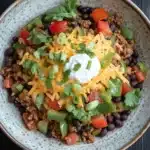 High protein beef enchilada bowls - the image is a close-up of a bowl of chili. the bowl is made of ceramic and has a speckled pattern. the chili is made up of black beans, ground beef, diced tomatoes, green onions, and shredded cheese. there is also a dollop of sour cream on top of the chili. a sprig of cilantro is scattered throughout the dish. the background is a dark wooden table.