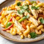 High protein chicken fajita mac n cheese - the image is a close-up of a plate of pasta dish. the pasta appears to be macaroni and cheese, with chunks of chicken and vegetables mixed in. the dish is garnished with fresh cilantro leaves. the plate is brown and has a speckled texture. the background is a white marble countertop.