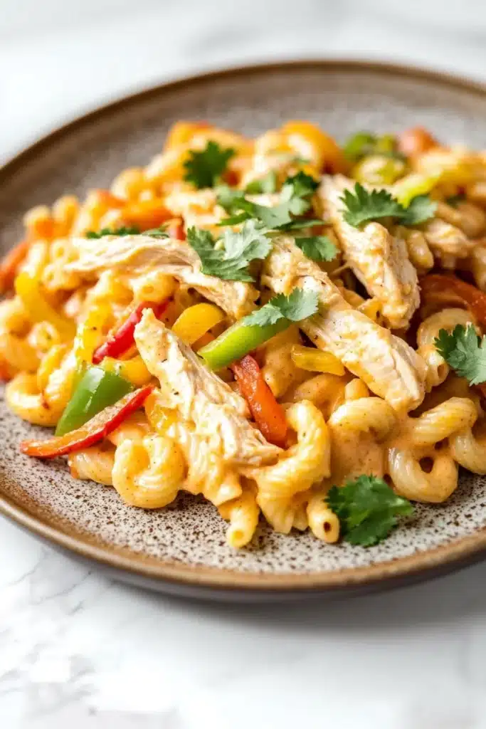 High protein chicken fajita mac n cheese - the image is a close-up of a plate of pasta dish. the pasta appears to be macaroni and cheese, with chunks of chicken and vegetables mixed in. the dish is garnished with fresh cilantro leaves. the plate is brown and has a speckled texture. the background is a white marble countertop.