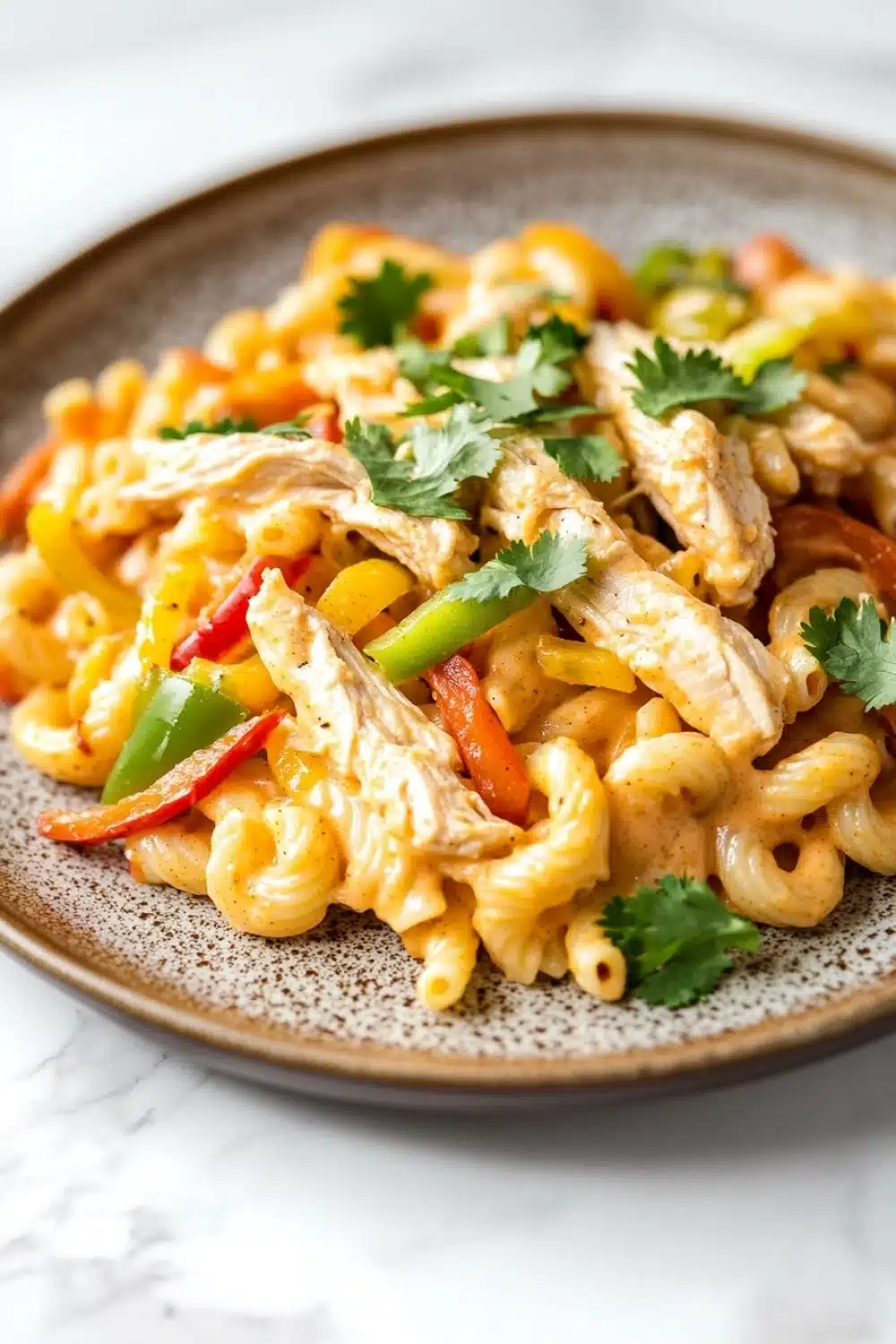 High protein chicken fajita mac n cheese - the image is a close-up of a plate of pasta dish. the pasta appears to be macaroni and cheese, with chunks of chicken and vegetables mixed in. the dish is garnished with fresh cilantro leaves. the plate is brown and has a speckled texture. the background is a white marble countertop.