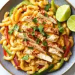 High protein chicken fajita mac n cheese - the image is a close-up of a bowl of pasta dish. the pasta appears to be macaroni and cheese, with chunks of chicken and red and green bell peppers mixed in. the dish is garnished with fresh cilantro and lime wedges. the bowl is sitting on a white marble countertop.