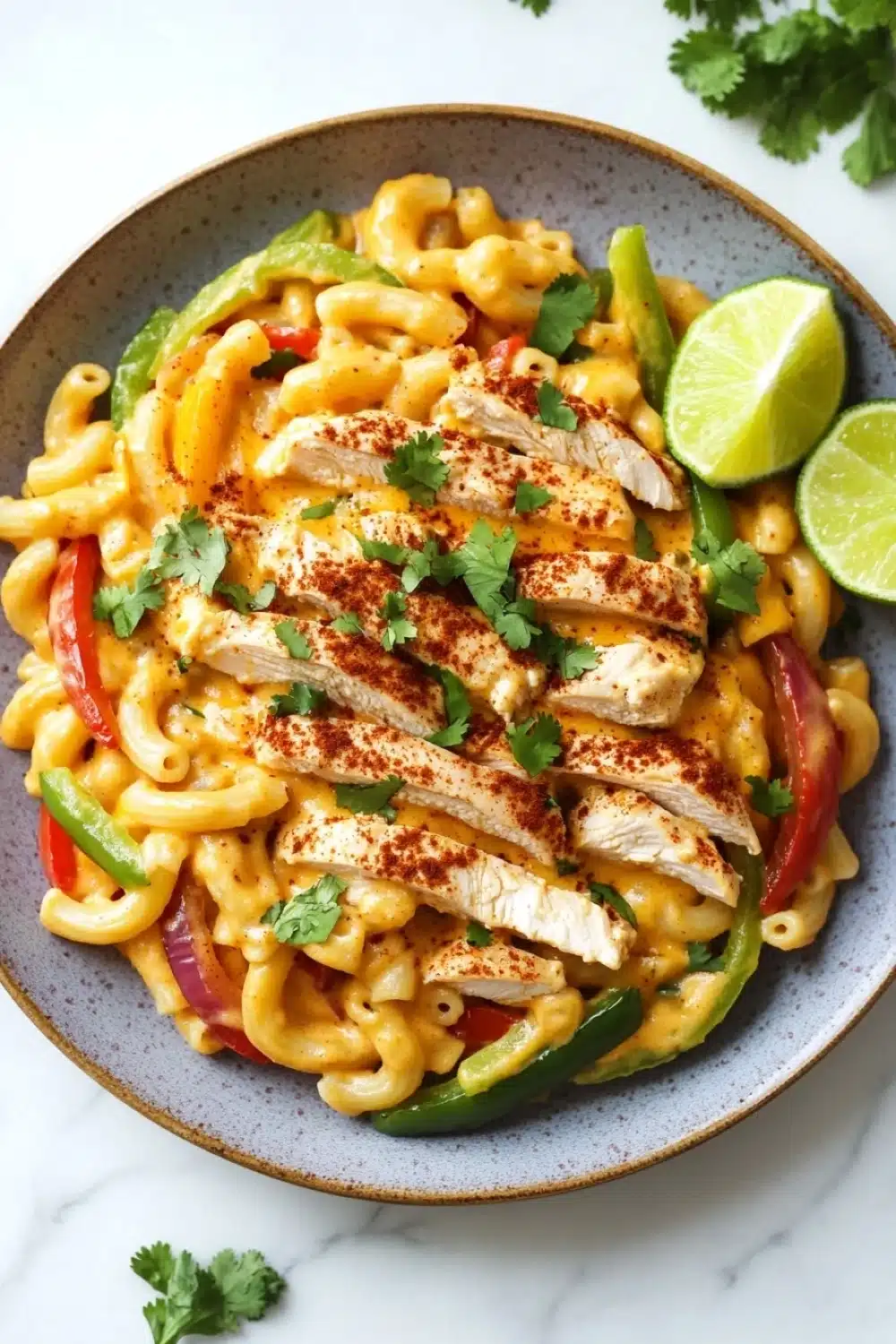 High protein chicken fajita mac n cheese - the image is a close-up of a bowl of pasta dish. the pasta appears to be macaroni and cheese, with chunks of chicken and red and green bell peppers mixed in. the dish is garnished with fresh cilantro and lime wedges. the bowl is sitting on a white marble countertop.