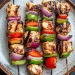 High protein chicken kebab - the image shows a plate of grilled chicken skewers. the skewers are made up of small pieces of chicken, red and green bell peppers, and red onions. the chicken is grilled to a golden brown color and appears to be seasoned with herbs and spices. the peppers are cut into thin strips and are arranged in a circular pattern on the skewers, with the red onions on the top and the green peppers on the bottom. the plate is white with a brown rim and is placed on a dark grey surface.