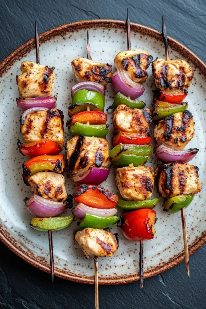High protein chicken kebab - the image shows a plate of grilled chicken skewers. the skewers are made up of small pieces of chicken, red and green bell peppers, and red onions. the chicken is grilled to a golden brown color and appears to be seasoned with herbs and spices. the peppers are cut into thin strips and are arranged in a circular pattern on the skewers, with the red onions on the top and the green peppers on the bottom. the plate is white with a brown rim and is placed on a dark grey surface.