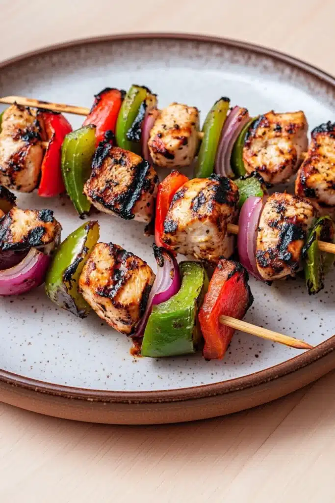 High protein chicken kebab - the image shows a plate of grilled chicken skewers on a wooden table. the skewers are made up of small pieces of chicken, red and green bell peppers, and red onions. the chicken appears to be seasoned with herbs and spices, giving it a golden brown color. the vegetables are arranged in a circular pattern on the skewers, with some pieces overlapping each other. the plate is round and has a light brown rim. the background is blurred, but it seems to be a kitchen countertop.