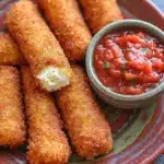 Homemade mozzarella sticks without string cheese - the image shows a plate of deep-fried breaded fish sticks. the fish sticks are golden brown and appear to be crispy on the outside. they are arranged in a circular pattern on the plate. on the right side of the plate, there is a small bowl of red sauce with chopped herbs on top. the sauce appears to be tomato-based and has a smooth texture. the plate is sitting on a dark blue tablecloth.