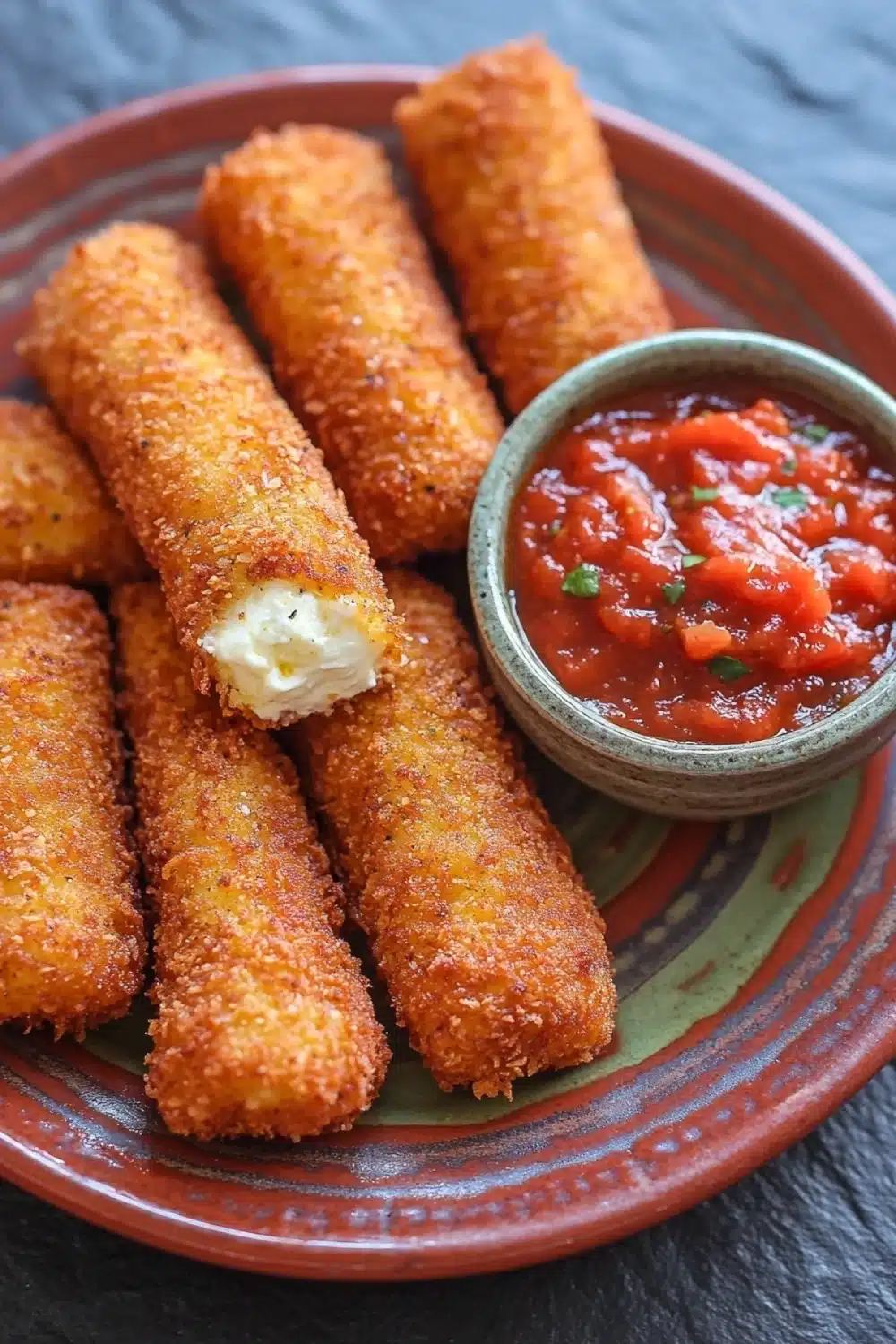 Homemade mozzarella sticks without string cheese - the image shows a plate of deep-fried breaded fish sticks. the fish sticks are golden brown and appear to be crispy on the outside. they are arranged in a circular pattern on the plate. on the right side of the plate, there is a small bowl of red sauce with chopped herbs on top. the sauce appears to be tomato-based and has a smooth texture. the plate is sitting on a dark blue tablecloth.