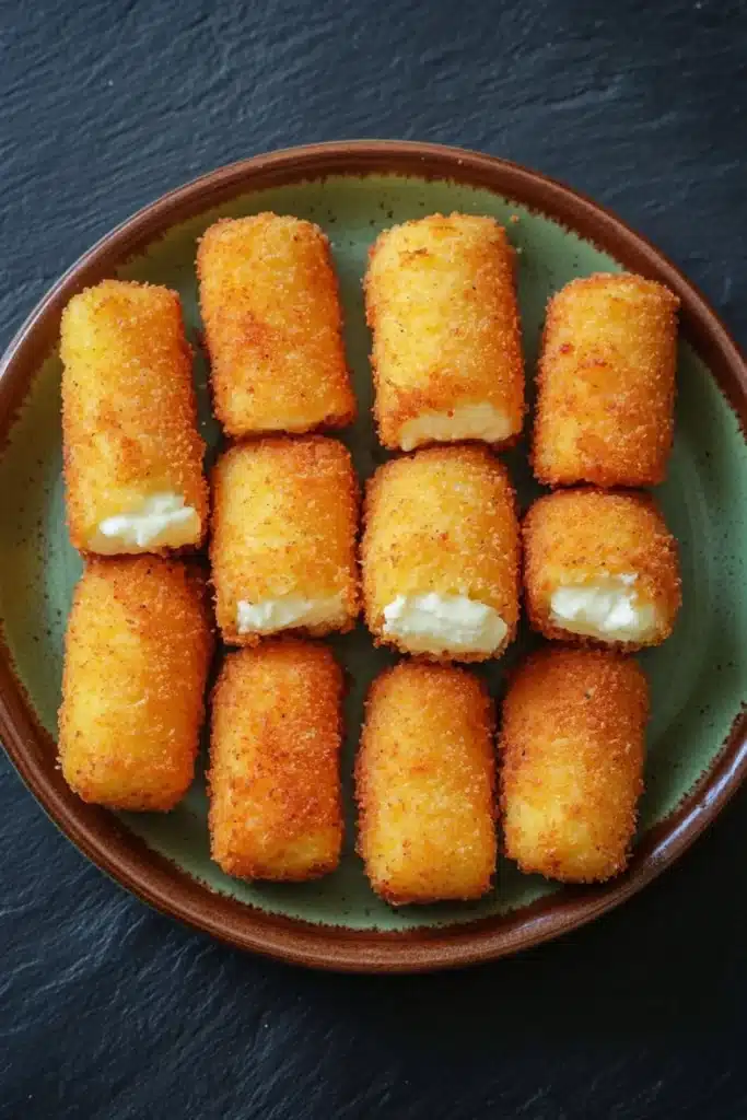 Homemade mozzarella sticks without string cheese - the image shows a plate of nine pieces of breaded fish sticks arranged in a circular pattern on a dark green plate. the fish sticks are golden brown in color and appear to be crispy on the outside and soft on the inside. they are arranged in two rows of three, with the top row slightly overlapping the bottom row. the plate is sitting on a black surface, possibly a table or countertop.