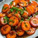 Honey and brown sugar glazed carrots - the image shows a plate of cooked carrots. the carrots are bright orange in color and appear to be seasoned with herbs and spices. they are arranged in a circular pattern on the plate, with some overlapping each other. the plate is white with a speckled pattern, and the background is dark. the overall appearance of the dish is fresh and appetizing.