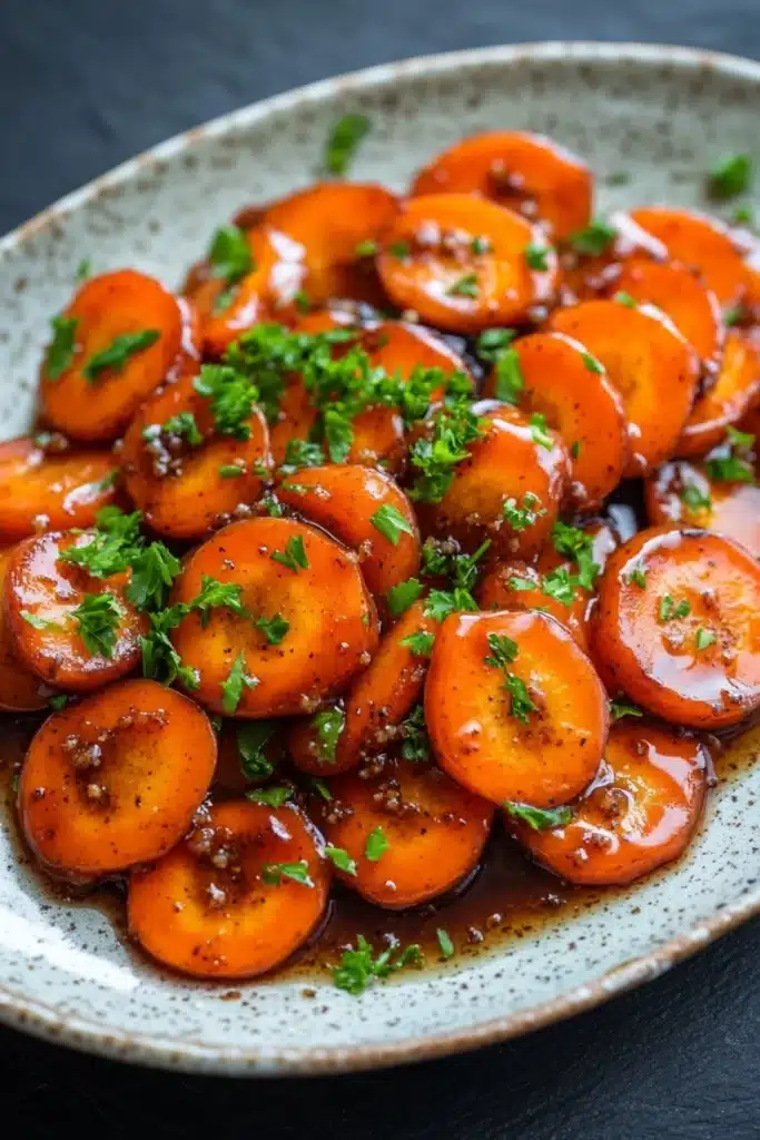 Honey and brown sugar glazed carrots - the image shows a plate of cooked carrots. the carrots are bright orange in color and appear to be seasoned with herbs and spices. they are arranged in a circular pattern on the plate, with some overlapping each other. the plate is white with a speckled pattern, and the background is dark. the overall appearance of the dish is fresh and appetizing.