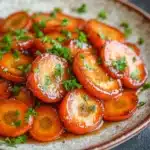 Honey and brown sugar glazed carrots - the image shows a plate of sliced carrots on a dark grey countertop. the carrots are arranged in a circular pattern on the plate, with some overlapping each other. they are covered in a dark sauce and garnished with chopped parsley. the sauce appears to be drizzled over the carrots, giving them a glossy sheen. the plate is made of ceramic and has a brown rim. the background is blurred, making the carrots the focal point of the image.