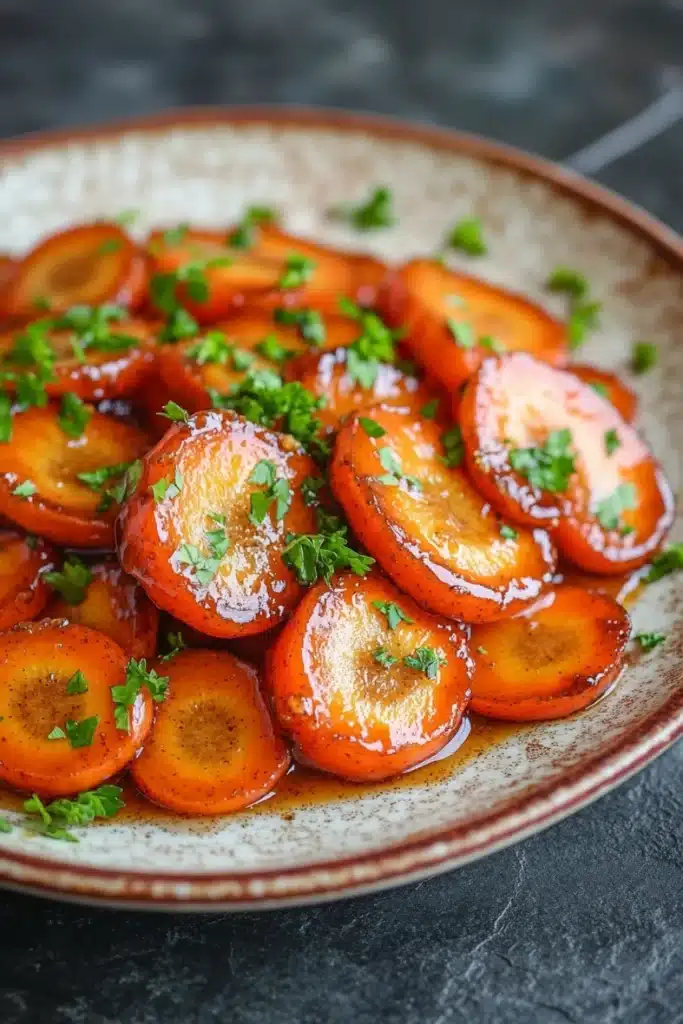 Honey and brown sugar glazed carrots - the image shows a plate of sliced carrots on a dark grey countertop. the carrots are arranged in a circular pattern on the plate, with some overlapping each other. they are covered in a dark sauce and garnished with chopped parsley. the sauce appears to be drizzled over the carrots, giving them a glossy sheen. the plate is made of ceramic and has a brown rim. the background is blurred, making the carrots the focal point of the image.