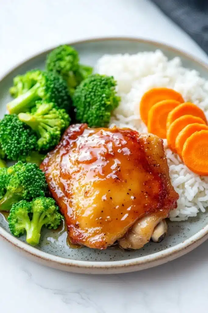 Honey garlic chicken thigh dinner - the image shows a plate of food with a serving of chicken and rice. the chicken is cooked to a golden brown color and appears to be seasoned with sesame seeds. the rice is white and fluffy, and there are a few pieces of broccoli scattered around the plate. on the right side of the plate, there are sliced carrots. the plate is sitting on a white marble countertop.