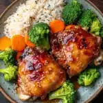 Honey garlic chicken thigh dinner - the image shows a plate of food with two pieces of chicken and rice. the chicken is covered in a red sauce and appears to be seasoned with sesame seeds. the rice is white and fluffy, and there are small pieces of broccoli and carrots scattered around the plate. the plate is brown and has a speckled texture. the background is a dark wooden table.