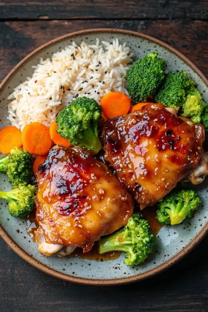 Honey garlic chicken thigh dinner - the image shows a plate of food with two pieces of chicken and rice. the chicken is covered in a red sauce and appears to be seasoned with sesame seeds. the rice is white and fluffy, and there are small pieces of broccoli and carrots scattered around the plate. the plate is brown and has a speckled texture. the background is a dark wooden table.