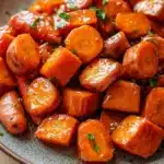 Honey glazed carrots and sweet potatoes - the image shows a plate of cooked carrots. the carrots are bright orange in color and appear to be seasoned with herbs and spices. they are arranged in a circular pattern on the plate, with some overlapping each other. the plate is dark brown and has a textured surface. the background is blurred, but it appears to be a wooden table or countertop.