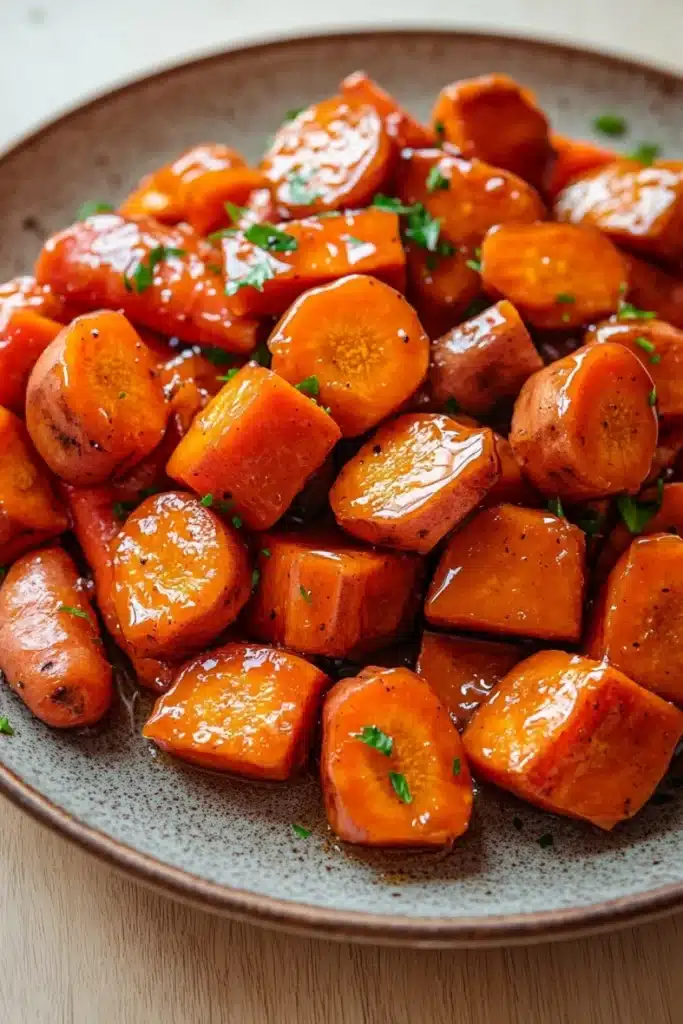 Honey glazed carrots and sweet potatoes - the image shows a plate of cooked carrots. the carrots are bright orange in color and appear to be seasoned with herbs and spices. they are arranged in a circular pattern on the plate, with some overlapping each other. the plate is dark brown and has a textured surface. the background is blurred, but it appears to be a wooden table or countertop.