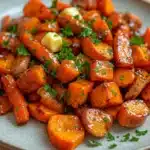 Honey glazed carrots and sweet potatoes - the image shows a plate of cooked carrots on a wooden table. the carrots are orange in color and appear to be seasoned with herbs and spices. they are arranged in a circular pattern on the plate, with some overlapping each other. there are also small cubes of butter scattered throughout the dish. the plate is light blue and has a speckled texture. the background is blurred, but it appears to be a kitchen countertop with a white cloth napkin.