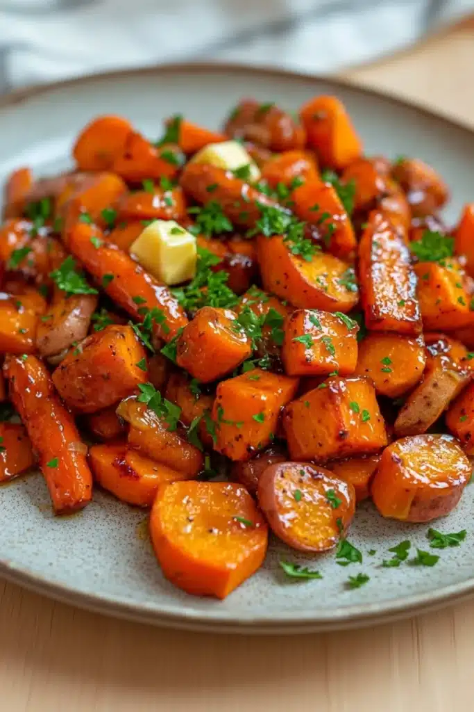 Honey glazed carrots and sweet potatoes - the image shows a plate of cooked carrots on a wooden table. the carrots are orange in color and appear to be seasoned with herbs and spices. they are arranged in a circular pattern on the plate, with some overlapping each other. there are also small cubes of butter scattered throughout the dish. the plate is light blue and has a speckled texture. the background is blurred, but it appears to be a kitchen countertop with a white cloth napkin.
