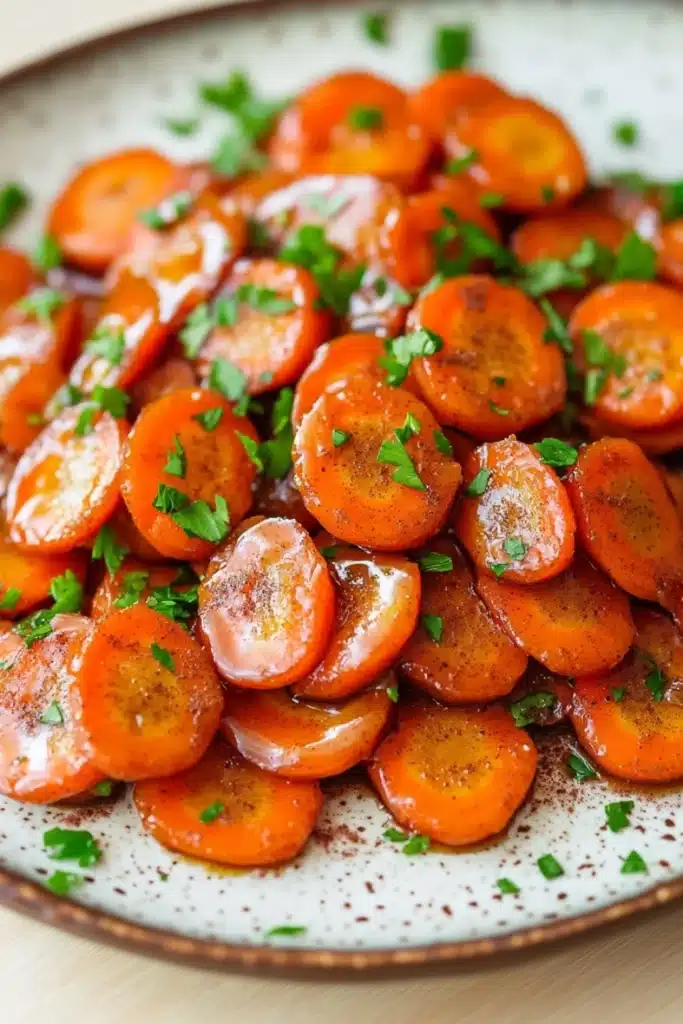 Honey glazed carrots vegan - the image shows a plate of cooked carrots. the carrots are bright orange in color and appear to be seasoned with herbs and spices. they are arranged in a circular pattern on the plate, with some overlapping each other. the plate is white with a speckled pattern and is sitting on a wooden table. the background is blurred, but it appears to be a kitchen countertop.