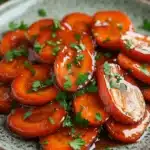 Honey glazed carrots vegan - the image shows a plate of sliced carrots on a wooden table. the carrots are arranged in a circular pattern on the plate, with some overlapping each other. they are covered in a thick, orange-colored sauce and garnished with chopped parsley. the sauce appears to be drizzled over the carrots, giving them a glossy sheen. the plate is a light green color with a speckled texture. in the background, there is a sprig of fresh parsley, adding a pop of green to the dish.