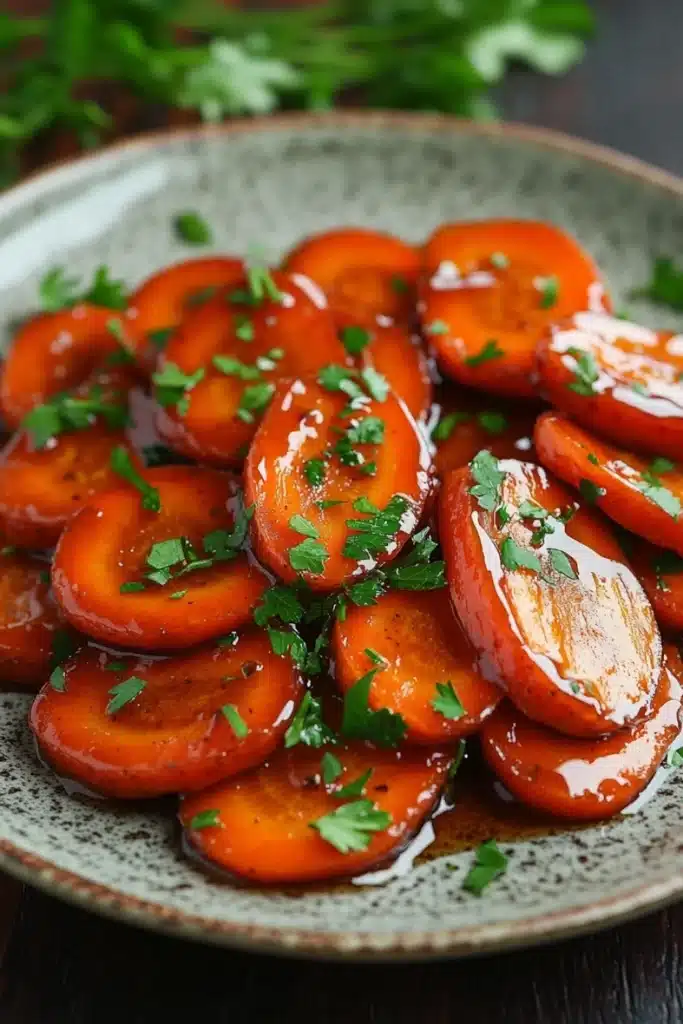 Honey glazed carrots vegan - the image shows a plate of sliced carrots on a wooden table. the carrots are arranged in a circular pattern on the plate, with some overlapping each other. they are covered in a thick, orange-colored sauce and garnished with chopped parsley. the sauce appears to be drizzled over the carrots, giving them a glossy sheen. the plate is a light green color with a speckled texture. in the background, there is a sprig of fresh parsley, adding a pop of green to the dish.