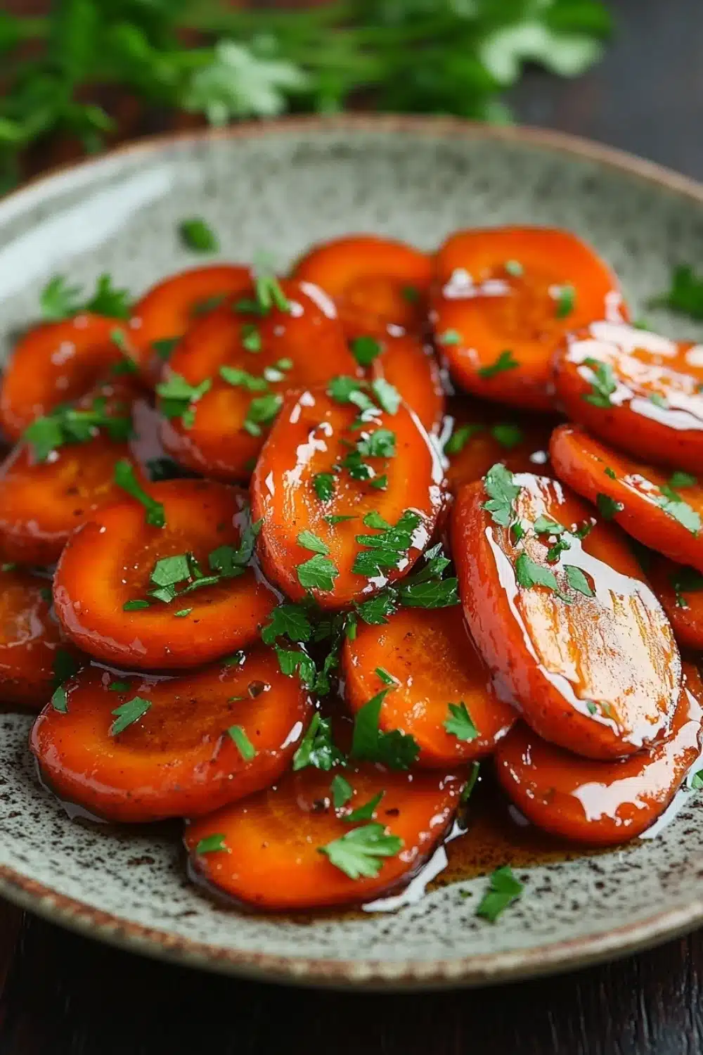 Honey glazed carrots vegan - the image shows a plate of sliced carrots on a wooden table. the carrots are arranged in a circular pattern on the plate, with some overlapping each other. they are covered in a thick, orange-colored sauce and garnished with chopped parsley. the sauce appears to be drizzled over the carrots, giving them a glossy sheen. the plate is a light green color with a speckled texture. in the background, there is a sprig of fresh parsley, adding a pop of green to the dish.