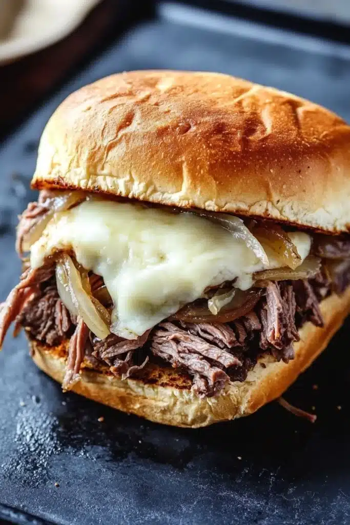 Hot roast beef sandwich slow cooker - the image shows a close-up of a sandwich on a black slate plate. the sandwich is made with a toasted bun and is topped with shredded beef, sliced onions, and melted cheese. the beef appears to be cooked medium-rare and the onions are caramelized. the cheese is melted and oozing out of the sides of the sandwich. the plate is sitting on a wooden table with a blurred background.