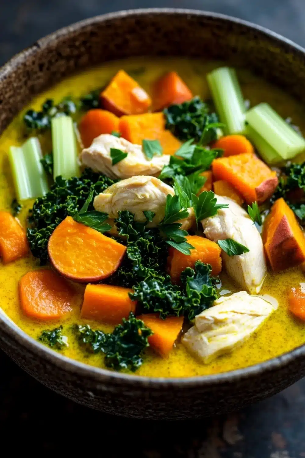 Immune boosting chicken tumeric soup - the image is a close-up of a bowl of soup. the soup appears to be a creamy yellow color with chunks of chicken and vegetables mixed in. the vegetables include carrots, celery, and kale. the bowl is made of dark brown ceramic and has a textured surface. the background is dark, making the colors of the soup stand out.