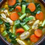 Immune boosting chicken tumeric soup - the image is a close-up of a bowl of soup. the soup appears to be a vegetable soup with chunks of chicken, carrots, celery, and other vegetables mixed in. the broth is a light yellow color and is thick and creamy. there are also some green herbs and spices scattered throughout the soup, including parsley and celery. the bowl is made of ceramic and is sitting on a dark blue countertop.