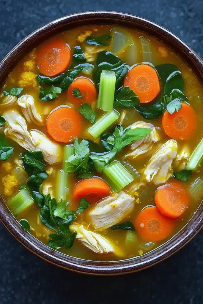 Immune boosting chicken tumeric soup - the image is a close-up of a bowl of soup. the soup appears to be a vegetable soup with chunks of chicken, carrots, celery, and other vegetables mixed in. the broth is a light yellow color and is thick and creamy. there are also some green herbs and spices scattered throughout the soup, including parsley and celery. the bowl is made of ceramic and is sitting on a dark blue countertop.