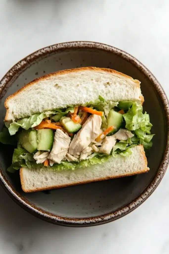 Japanese chicken salad sandwich - the image shows a sandwich in a brown ceramic bowl. the sandwich is made with two slices of white bread and is filled with a variety of vegetables, including lettuce, carrots, and cucumbers. the vegetables are arranged in a way that they are overlapping each other, creating a colorful and appetizing presentation. the bread appears to be soft and fluffy, and the vegetables are bright and vibrant. the bowl is sitting on a white marble countertop.