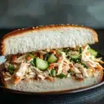 Japanese chicken salad sandwich - the image shows a sandwich in a black bowl on a wooden table. the sandwich is made with a white bread roll and is filled with shredded chicken, sliced cucumbers, and other vegetables. the chicken appears to be seasoned with sesame seeds, giving it a nutty flavor. the vegetables are bright green and look fresh and vibrant. the background is blurred, making the sandwich the focal point of the image.