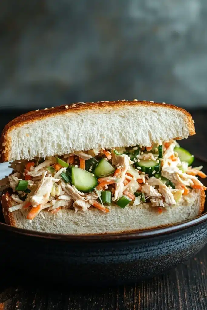 Japanese chicken salad sandwich - the image shows a sandwich in a black bowl on a wooden table. the sandwich is made with a white bread roll and is filled with shredded chicken, sliced cucumbers, and other vegetables. the chicken appears to be seasoned with sesame seeds, giving it a nutty flavor. the vegetables are bright green and look fresh and vibrant. the background is blurred, making the sandwich the focal point of the image.