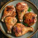 Juicy baked chicken legs and thighs - the image shows a plate of roasted chicken drumsticks on a dark textured background. the drumsticks are golden brown and appear to be seasoned with herbs and spices. they are arranged in a circular pattern on the plate, with some of them overlapping each other. there are also some sprigs of parsley scattered around the plate. the plate is made of a light-colored ceramic or porcelain material and has a slightly worn and weathered appearance. the overall color scheme of the image is warm and earthy, with shades of brown, orange, and green.
