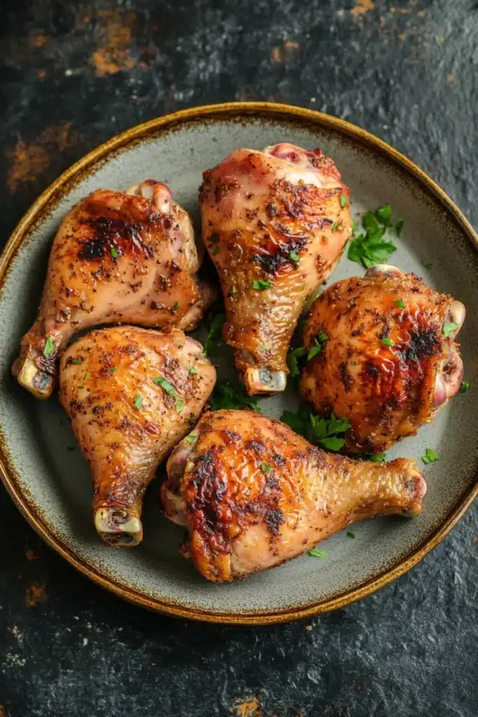 Juicy baked chicken legs and thighs - the image shows a plate of roasted chicken drumsticks on a dark textured background. the drumsticks are golden brown and appear to be seasoned with herbs and spices. they are arranged in a circular pattern on the plate, with some of them overlapping each other. there are also some sprigs of parsley scattered around the plate. the plate is made of a light-colored ceramic or porcelain material and has a slightly worn and weathered appearance. the overall color scheme of the image is warm and earthy, with shades of brown, orange, and green.