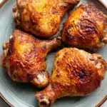 Juicy baked chicken legs and thighs - the image shows four whole chicken drumsticks on a blue plate. the drumsticks are golden brown in color and appear to be seasoned with herbs and spices. they are arranged in a circular pattern on the plate, with the largest drumstick in the center and two smaller drums on either side. the plate is sitting on a white marble countertop.