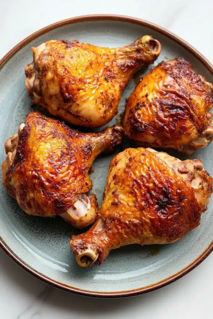 Juicy baked chicken legs and thighs - the image shows four whole chicken drumsticks on a blue plate. the drumsticks are golden brown in color and appear to be seasoned with herbs and spices. they are arranged in a circular pattern on the plate, with the largest drumstick in the center and two smaller drums on either side. the plate is sitting on a white marble countertop.