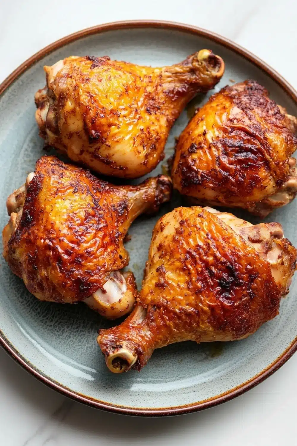 Juicy baked chicken legs and thighs - the image shows four whole chicken drumsticks on a blue plate. the drumsticks are golden brown in color and appear to be seasoned with herbs and spices. they are arranged in a circular pattern on the plate, with the largest drumstick in the center and two smaller drums on either side. the plate is sitting on a white marble countertop.
