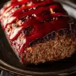 Juicy meatloaf beef - the image shows a loaf of meatloaf on a black plate. the meat loaf is golden brown and appears to be freshly baked. it is drizzled with a red sauce, which is dripping down the sides of the loaf. the sauce is thick and thick, and it looks like it would be a type of bbq sauce. the plate is sitting on a wooden table, and the background is blurred, making the meat loaf the focal point of the image.