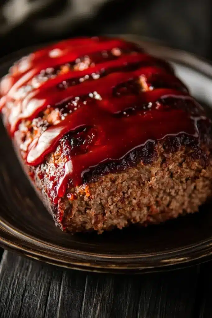 Juicy meatloaf beef - the image shows a loaf of meatloaf on a black plate. the meat loaf is golden brown and appears to be freshly baked. it is drizzled with a red sauce, which is dripping down the sides of the loaf. the sauce is thick and thick, and it looks like it would be a type of bbq sauce. the plate is sitting on a wooden table, and the background is blurred, making the meat loaf the focal point of the image.