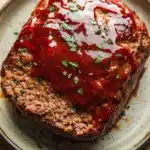 Juicy meatloaf beef - the image shows a plate with a meatloaf on it. the meat loaf is covered in a thick, red sauce that is dripping down the sides of the plate. the sauce appears to be thick and thick, with flecks of green herbs scattered throughout. the plate is a light green color with a speckled pattern around the edges. the background is a wooden table.