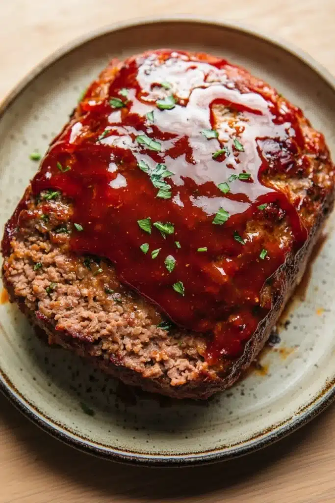 Juicy meatloaf beef - the image shows a plate with a meatloaf on it. the meat loaf is covered in a thick, red sauce that is dripping down the sides of the plate. the sauce appears to be thick and thick, with flecks of green herbs scattered throughout. the plate is a light green color with a speckled pattern around the edges. the background is a wooden table.