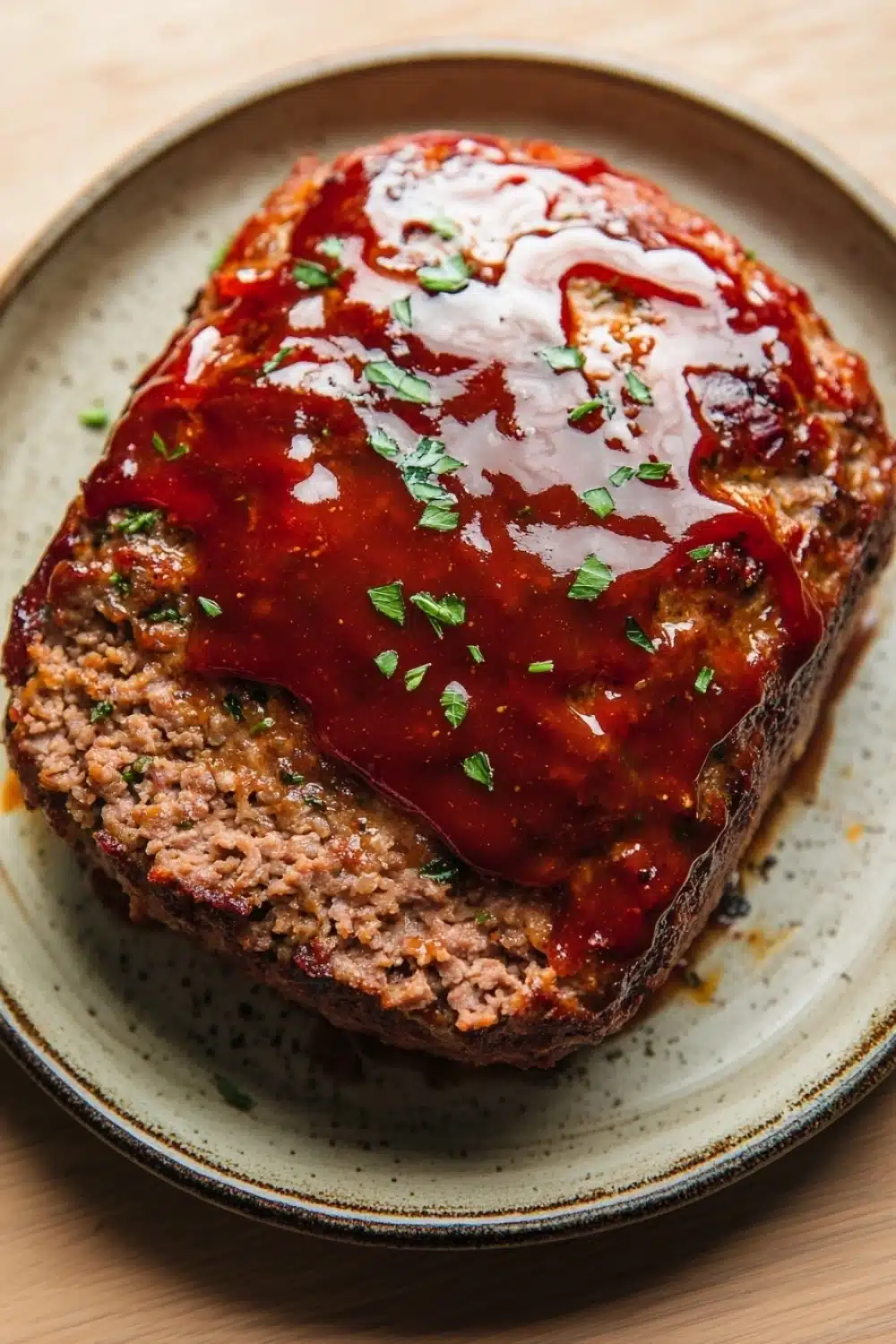 Juicy meatloaf beef - the image shows a plate with a meatloaf on it. the meat loaf is covered in a thick, red sauce that is dripping down the sides of the plate. the sauce appears to be thick and thick, with flecks of green herbs scattered throughout. the plate is a light green color with a speckled pattern around the edges. the background is a wooden table.
