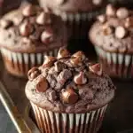 Jumbo double chocolate muffin - the image shows a tray of freshly baked chocolate cupcakes. the cupcakes are round and have a golden brown color. they are topped with chocolate chips and small chocolate hearts. the tray is lined with parchment paper and is placed on a wooden table. the background is blurred, but it appears to be a kitchen countertop.