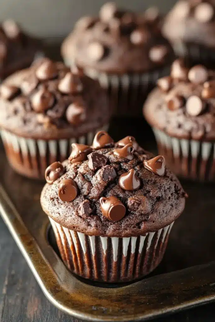 Jumbo double chocolate muffin - the image shows a tray of freshly baked chocolate cupcakes. the cupcakes are round and have a golden brown color. they are topped with chocolate chips and small chocolate hearts. the tray is lined with parchment paper and is placed on a wooden table. the background is blurred, but it appears to be a kitchen countertop.
