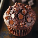 Jumbo double chocolate muffin - the image is a close-up of a chocolate muffin. the muffin is round and has a golden brown color. it is topped with small chocolate chips scattered across its surface. the background is blurred, but it appears to be a dark countertop with a few scattered chocolate chips. the overall mood of the image is decadent and indulgent.