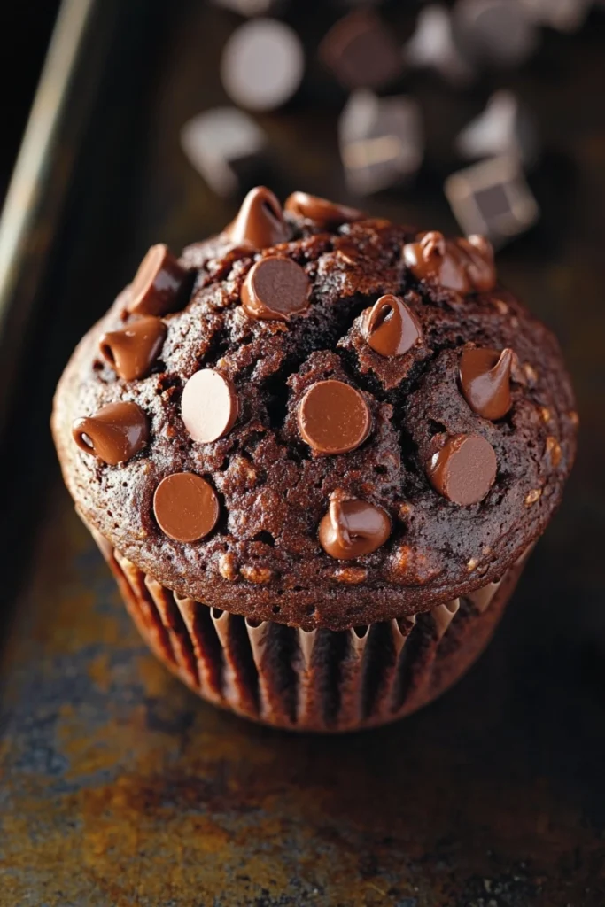 Jumbo double chocolate muffin - the image is a close-up of a chocolate muffin. the muffin is round and has a golden brown color. it is topped with small chocolate chips scattered across its surface. the background is blurred, but it appears to be a dark countertop with a few scattered chocolate chips. the overall mood of the image is decadent and indulgent.