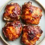 Keto baked bbq chicken thighs - the image shows four pieces of cooked chicken drumsticks on a light blue plate. the drumsticks are golden brown and appear to be seasoned with herbs and spices. they are arranged in a circular pattern on the plate, with each piece slightly overlapping the one below it. the plate is sitting on a white marble countertop.